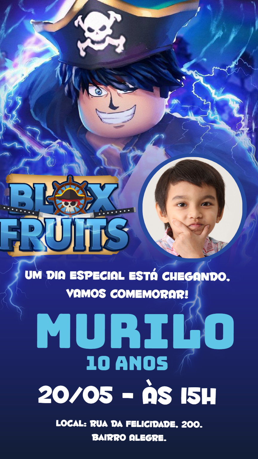 Convite Aniversário Blox Fruits com Foto para Editar Online Convite Aniversário Blox Fruits com Foto para Editar Online