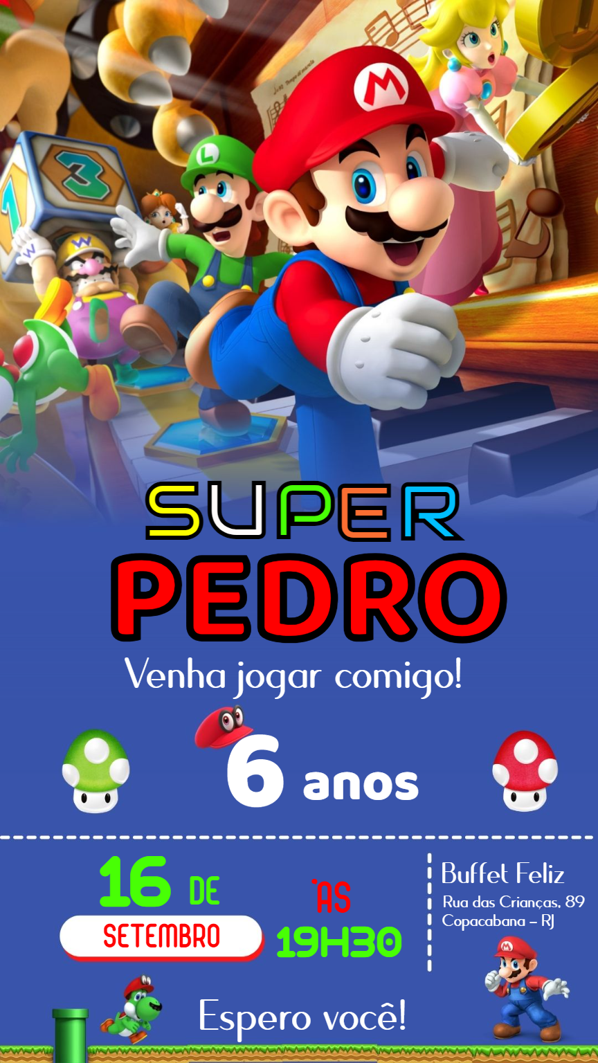 Convite de Aniversário Super Mario com Personagens para Editar Convite de Aniversário Super Mario com Personagens para Editar