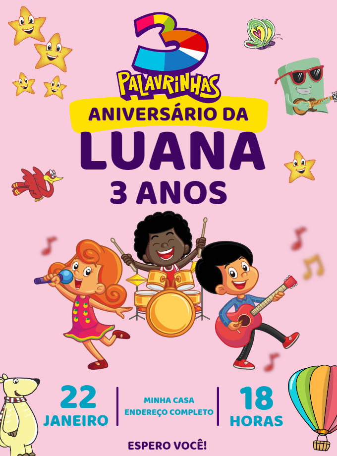 Convite Aniversário 3 Palavrinhas Editável com Personagens Convite Aniversário 3 Palavrinhas Editável com Personagens