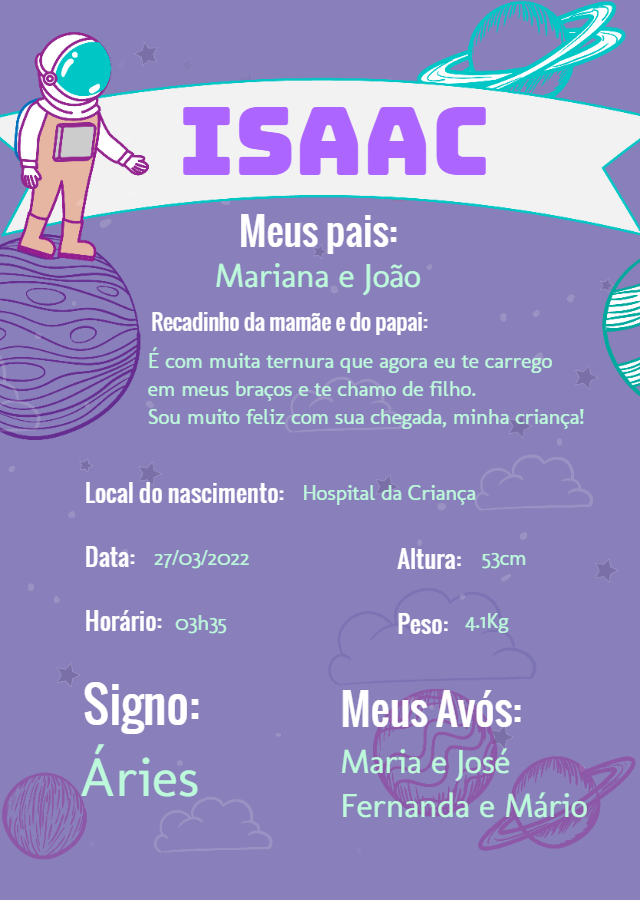 Quadro de Nascimento Tema Astronauta para Editar Online Quadro de Nascimento Tema Astronauta para Editar Online