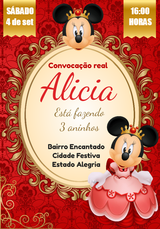 Convite Aniversário Minnie Realeza Vermelha para Editar Online Convite Aniversário Minnie Realeza Vermelha para Editar Online