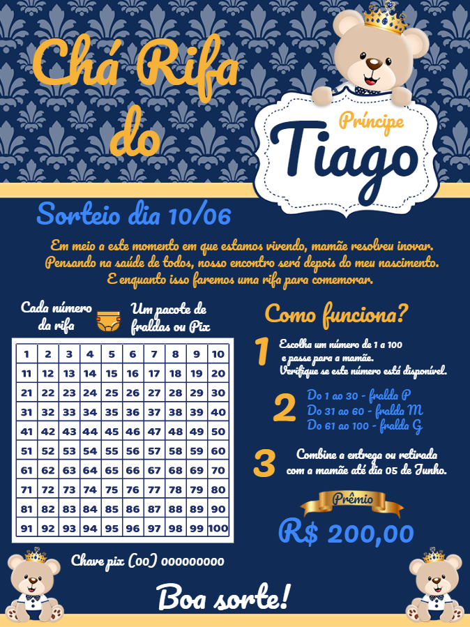 Convite Chá Rifa Ursinho Príncipe Azul e Dourado para Editar Convite Chá Rifa Ursinho Príncipe Azul e Dourado para Editar