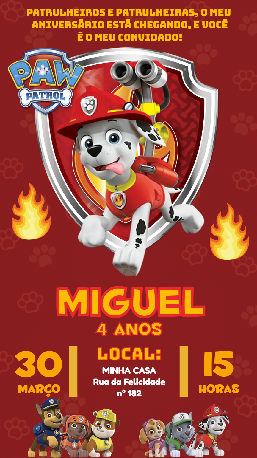 Convite Aniversário Patrulha Canina Marshall para Editar Online Convite Aniversário Patrulha Canina Marshall para Editar Online
