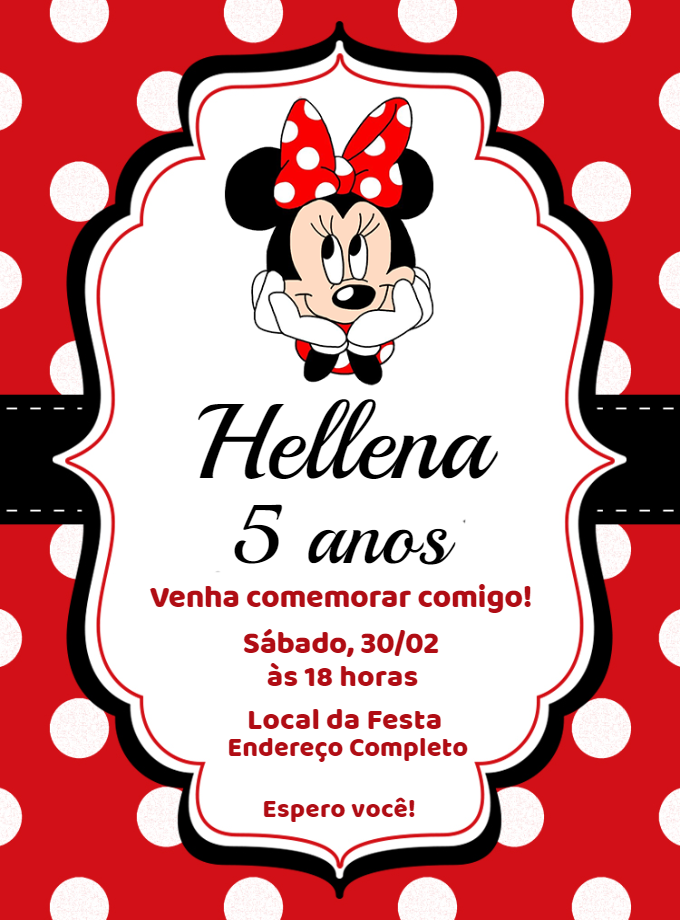 Convite de Aniversário Minnie Mouse Vermelha para Editar Online Convite de Aniversário Minnie Mouse Vermelha para Editar Online