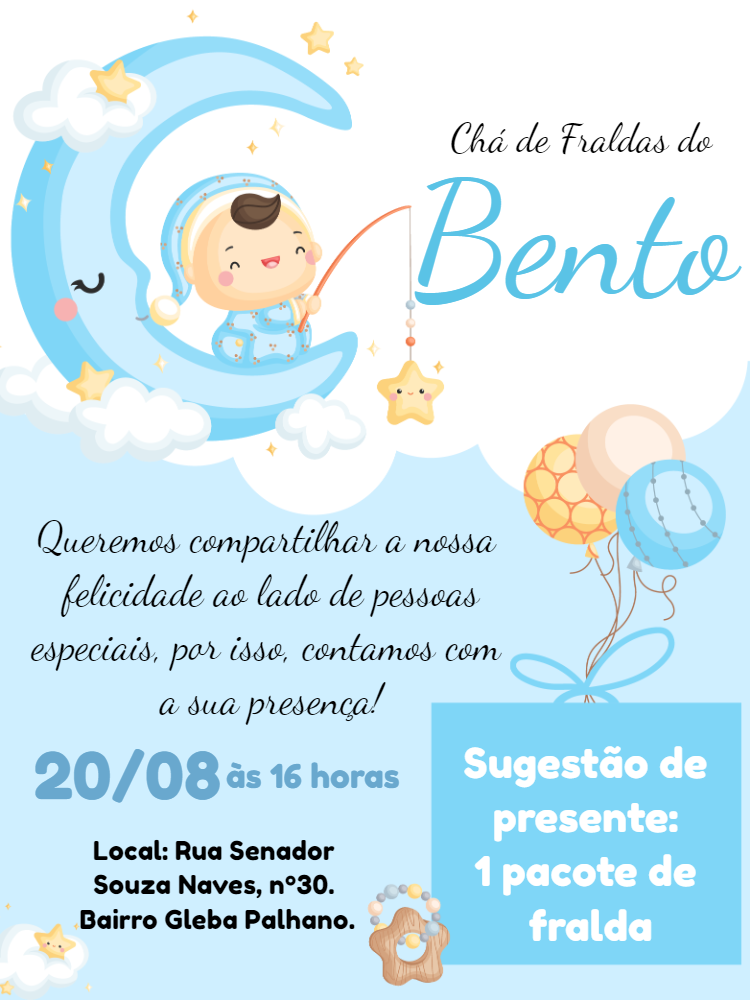 Convite Chá de Fraldas Menino na Lua e Estrelas para Editar Convite Chá de Fraldas Menino na Lua e Estrelas para Editar