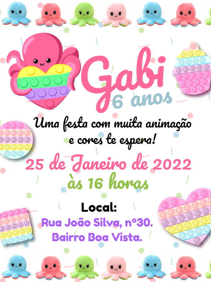 Convite de Aniversário Pop It e Polvo para Editar Online Convite de Aniversário Pop It e Polvo para Editar Online