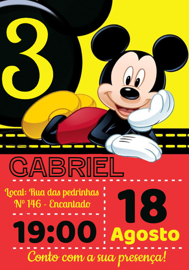 Convite de Aniversário Mickey Mouse para Editar e Imprimir Convite de Aniversário Mickey Mouse para Editar e Imprimir