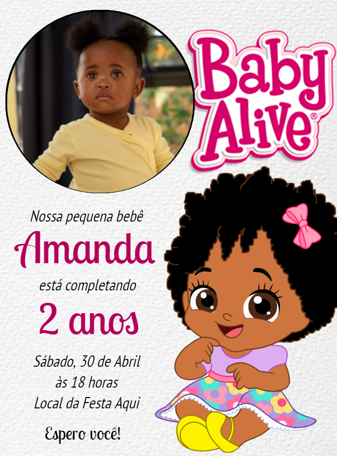 Convite Aniversário Baby Alive Negra com Foto para Editar Convite Aniversário Baby Alive Negra com Foto para Editar