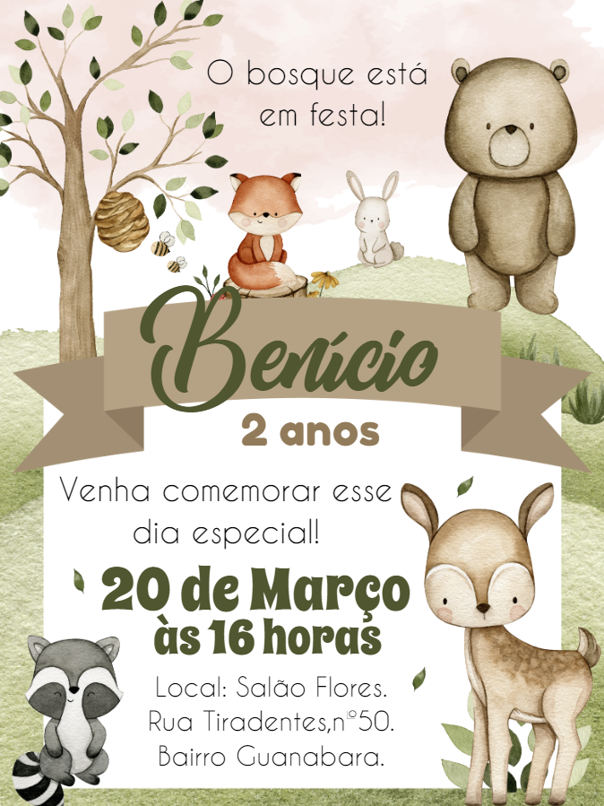 Convite Aniversário Bosque Encantado com Animais para Editar Convite Aniversário Bosque Encantado com Animais para Editar
