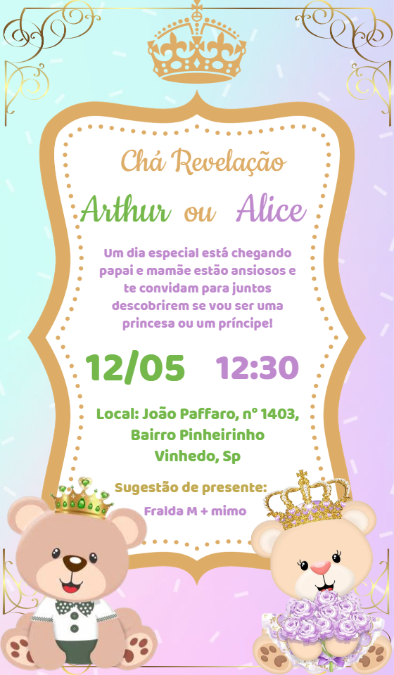 Convite Chá Revelação Ursinhos Realeza para Editar Online Convite Chá Revelação Ursinhos Realeza para Editar Online