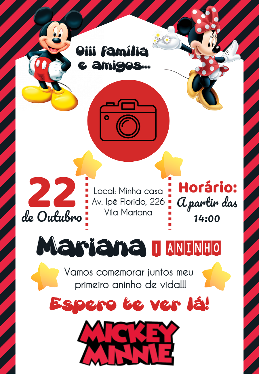 Convite Aniversário Mickey e Minnie com Foto para Editar Online Convite Aniversário Mickey e Minnie com Foto para Editar Online