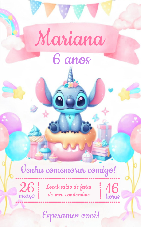 Convite Aniversário Stitch Unicórnio Rosa para Editar Online Convite Aniversário Stitch Unicórnio Rosa para Editar Online