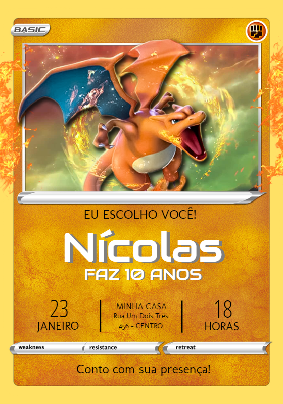 Convite Aniversário Pokémon Carta Charizard para Editar Online Convite Aniversário Pokémon Carta Charizard para Editar Online
