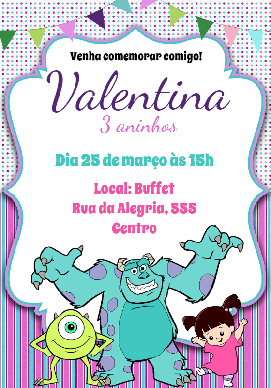 Convite Aniversário Monstros S.A. com Boo para Editar Online Convite Aniversário Monstros S.A. com Boo para Editar Online