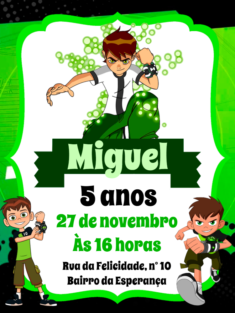 Convite de Aniversário Ben 10 Editável para Imprimir Convite de Aniversário Ben 10 Editável para Imprimir