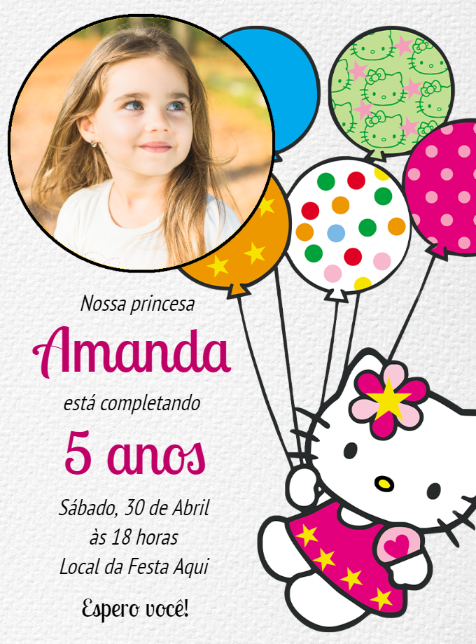 Convite Aniversário Hello Kitty com Foto para Editar Online Convite Aniversário Hello Kitty com Foto para Editar Online