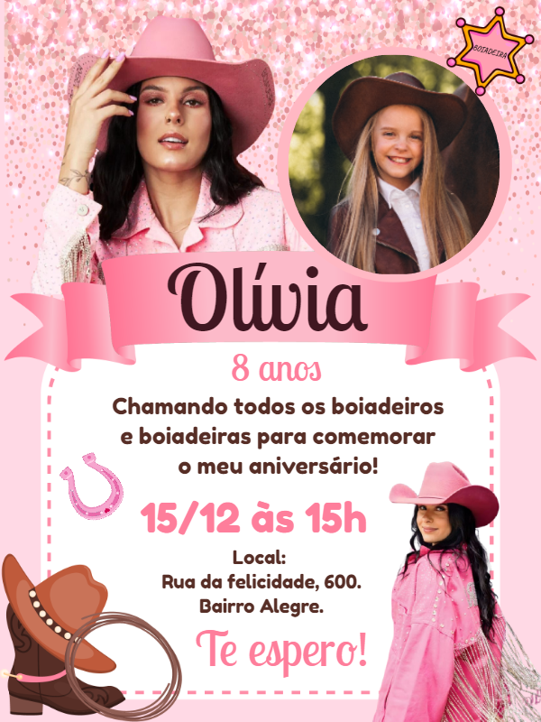 Convite de Aniversário Boiadeira com Foto para Editar Online Convite de Aniversário Boiadeira com Foto para Editar Online