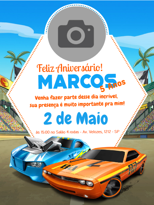 Convite de Aniversário Carros de Corrida com Foto para Editar Convite de Aniversário Carros de Corrida com Foto para Editar