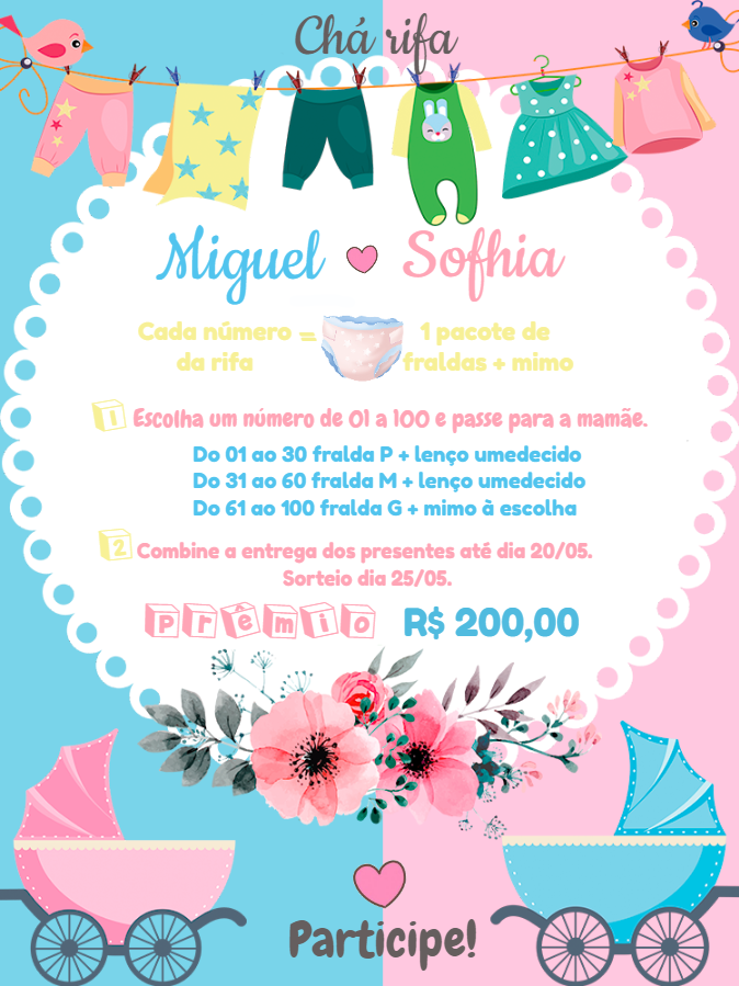 Convite Chá Rifa Gêmeos Varal de Roupas para Editar Online Convite Chá Rifa Gêmeos Varal de Roupas para Editar Online