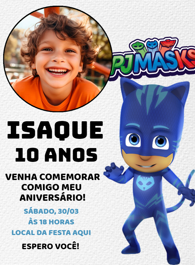 Convite Aniversário PJ Masks com Foto para Editar Online Convite Aniversário PJ Masks com Foto para Editar Online