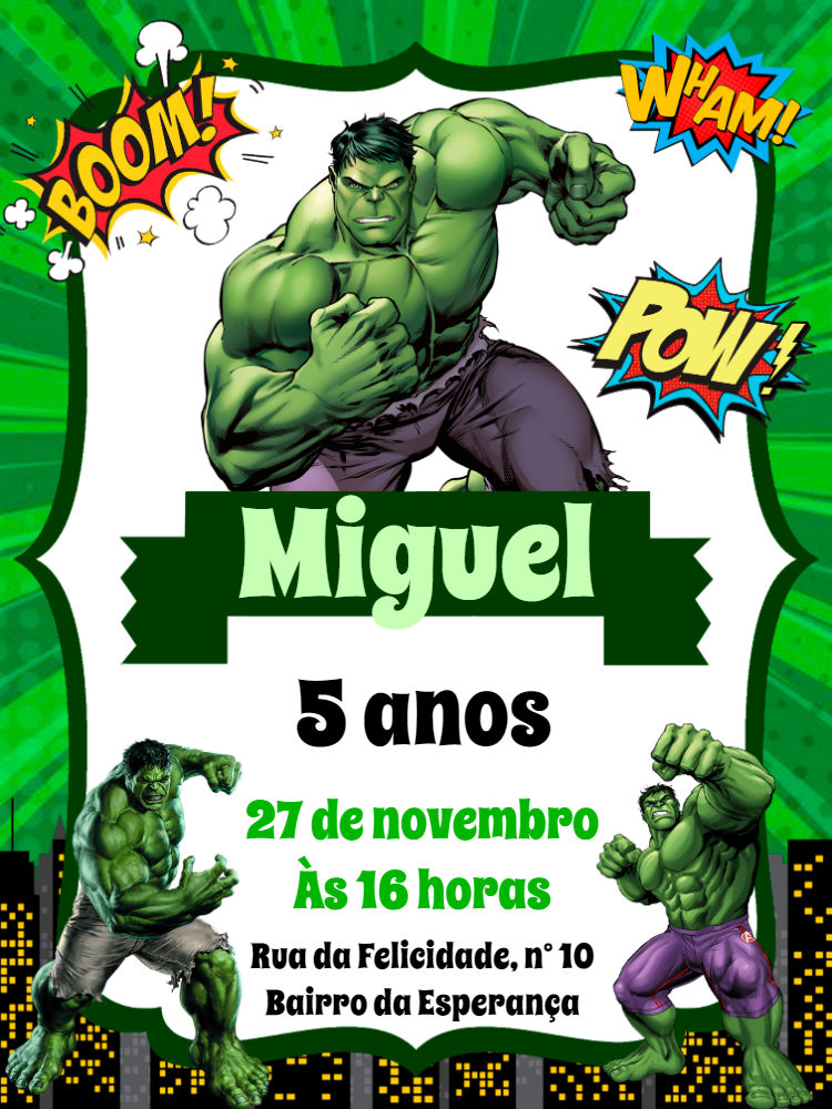 Convite Aniversário Incrível Hulk para Editar Online Convite Aniversário Incrível Hulk para Editar Online