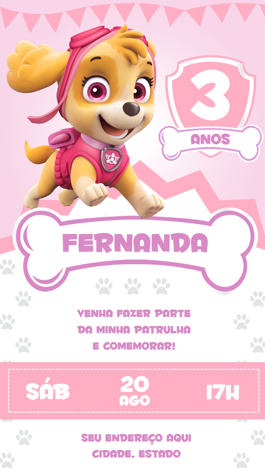 Convite Aniversário Patrulha Canina Skye para Editar Online Convite Aniversário Patrulha Canina Skye para Editar Online