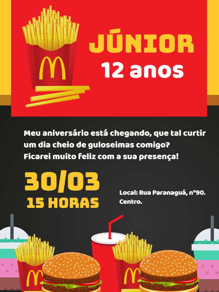 Convite de Aniversário Tema Fast Food para Editar Online Convite de Aniversário Tema Fast Food para Editar Online
