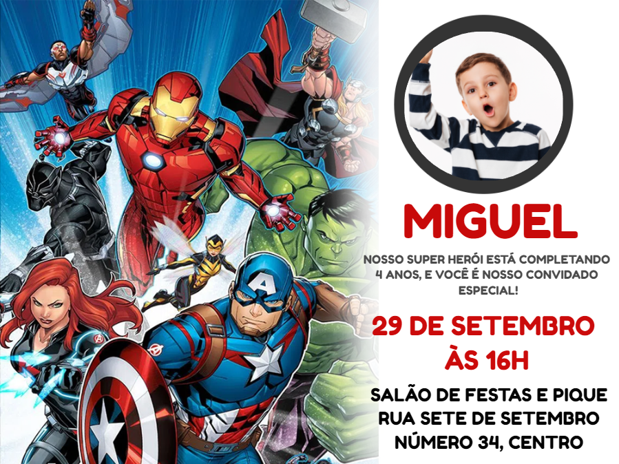 Convite Aniversário Vingadores com Foto para Editar Online Convite Aniversário Vingadores com Foto para Editar Online