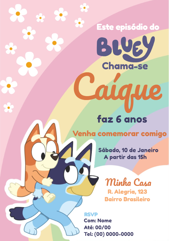 Convite de Aniversário Bluey e Bingo para Editar Online