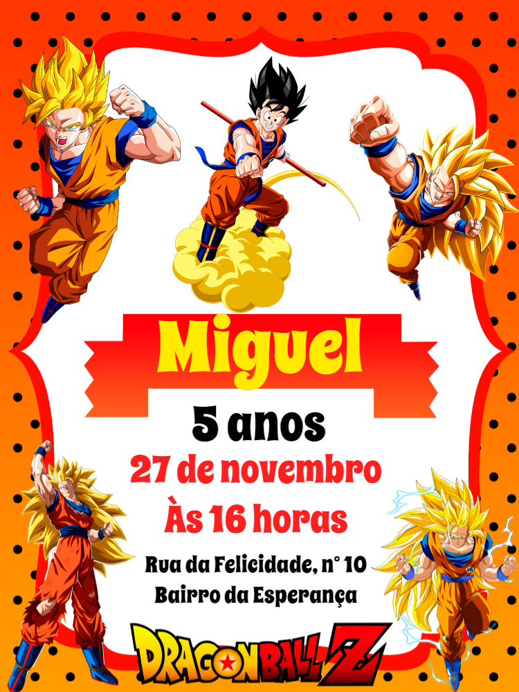 Convite de Aniversário Dragon Ball Z com Goku para Editar