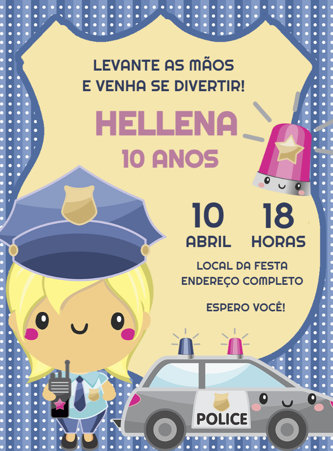 Convite Aniversário Policial Menina para Editar Online Convite Aniversário Policial Menina para Editar Online