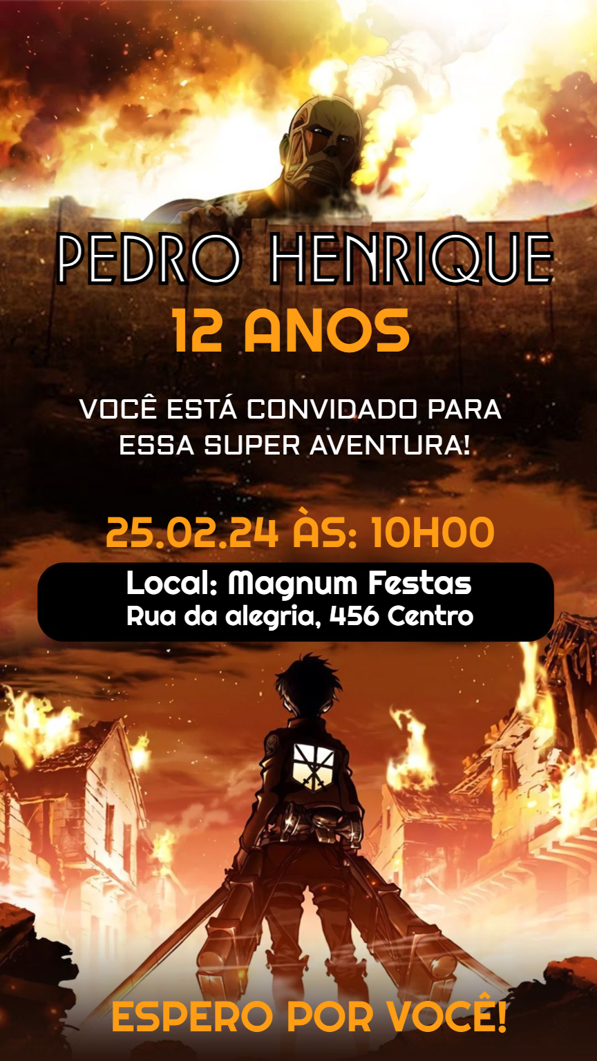 Convite Aniversário Attack on Titan com Personagens para Editar Convite Aniversário Attack on Titan com Personagens para Editar