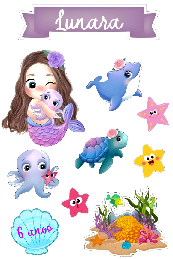 Topo de Bolo Sereia e Fundo do Mar com Elementos para Editar Topo de Bolo Sereia e Fundo do Mar com Elementos para Editar