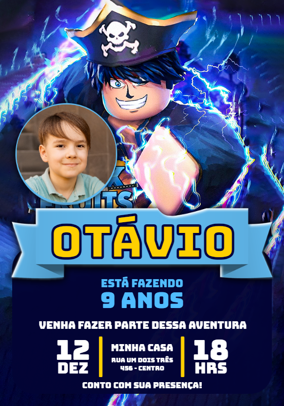 Convite Aniversário Blox Fruits com Foto para Editar Online