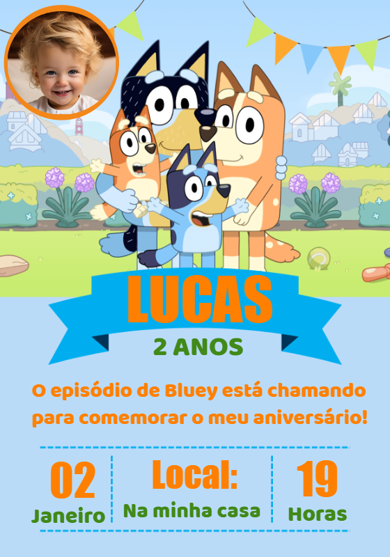 Convite Aniversário Bluey e Bingo com Foto para Editar Online Convite Aniversário Bluey e Bingo com Foto para Editar Online