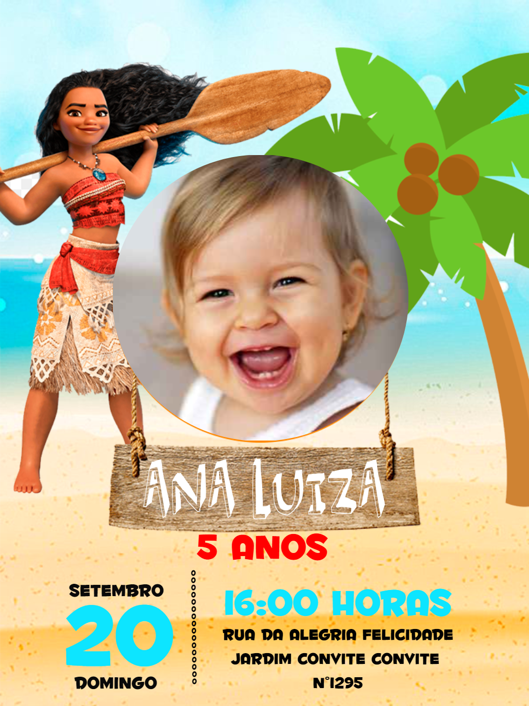 Convite de Aniversário Moana com Foto para Editar Online Convite de Aniversário Moana com Foto para Editar Online