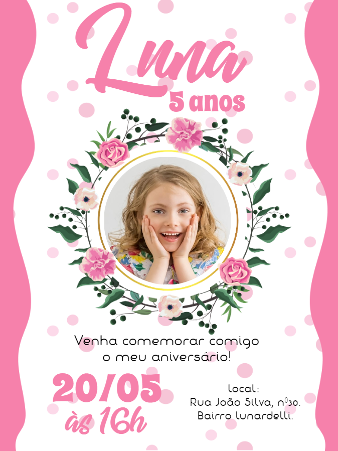 Convite Aniversário Menina Floral com Foto para Editar Convite Aniversário Menina Floral com Foto para Editar