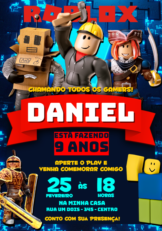 Convite de Aniversário Roblox com Personagens para Editar Online