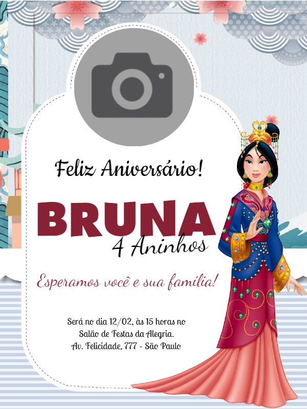 Convite de Aniversário Mulan com Foto para Editar Online Convite de Aniversário Mulan com Foto para Editar Online