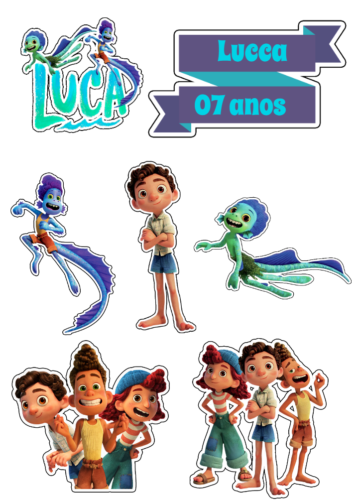 Topo de Bolo Luca Disney com Personagens para Editar e Imprimir Topo de Bolo Luca Disney com Personagens para Editar e Imprimir