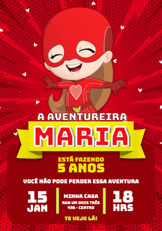 Convite de Aniversário Aventureira Vermelha para Editar Online