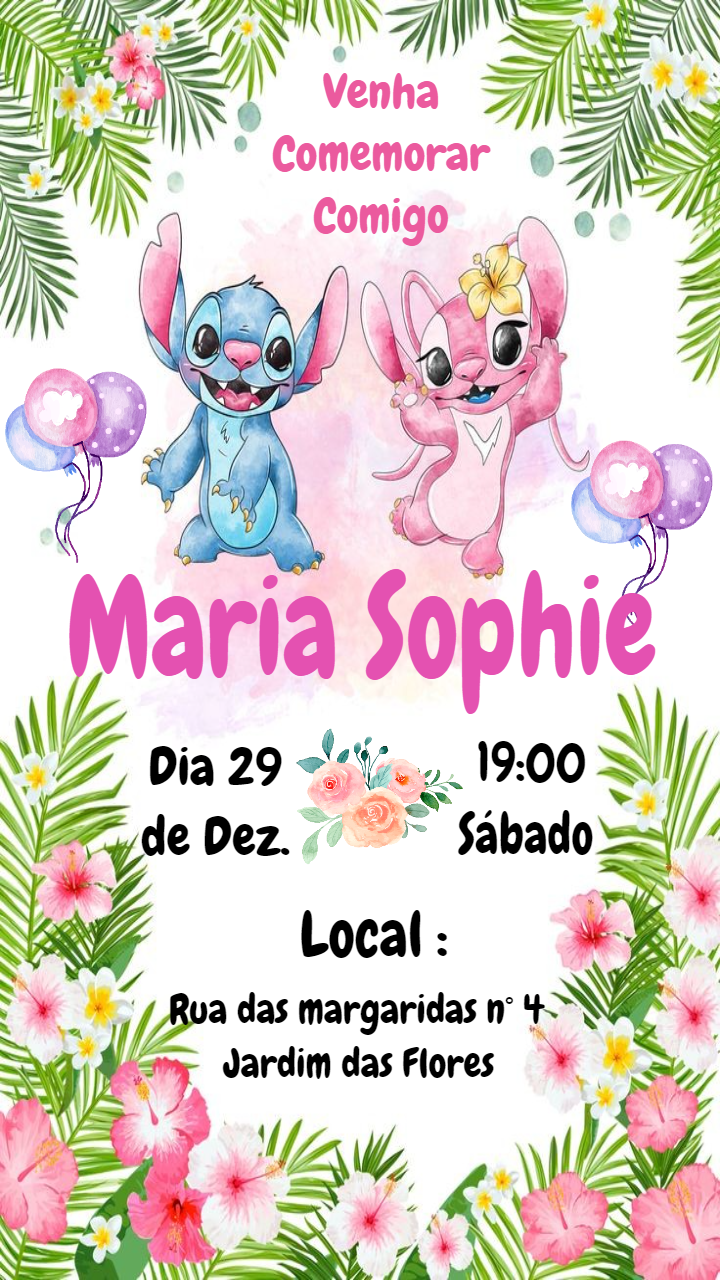Convite de Aniversário Stitch e Angel para Editar Online Convite de Aniversário Stitch e Angel para Editar Online