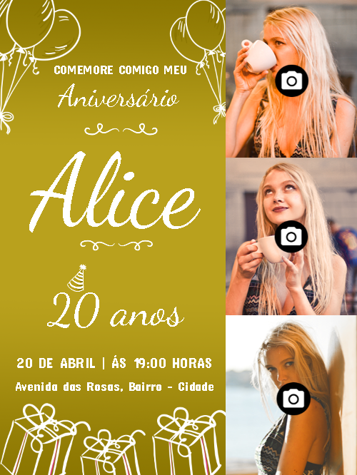 Convite de Aniversário Feminino com Fotos para Editar Online Convite de Aniversário Feminino com Fotos para Editar Online