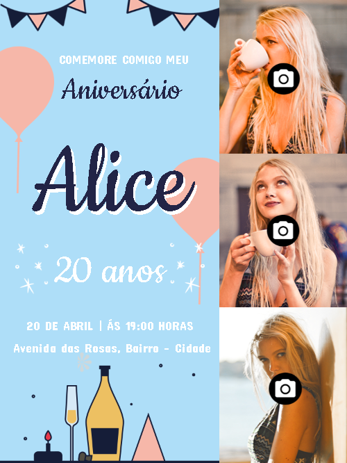 Convite de Aniversário Feminino com Fotos para Editar Online Convite de Aniversário Feminino com Fotos para Editar Online