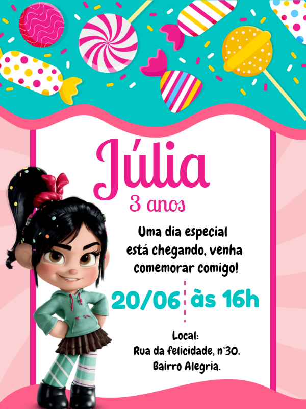 Convite de Aniversário Vanellope von Schweetz para Editar Online Convite de Aniversário Vanellope von Schweetz para Editar Online