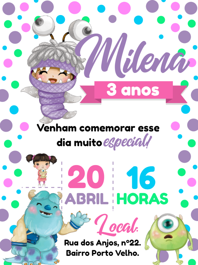 Convite de Aniversário Monstros SA Boo Editável Online Convite de Aniversário Monstros SA Boo Editável Online