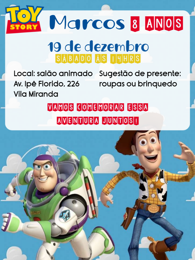 Convite Aniversário Toy Story com Woody e Buzz para Editar Convite Aniversário Toy Story com Woody e Buzz para Editar