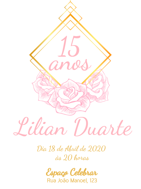 Convite 15 Anos Floral Rosa e Dourado para Editar Online Convite 15 Anos Floral Rosa e Dourado para Editar Online