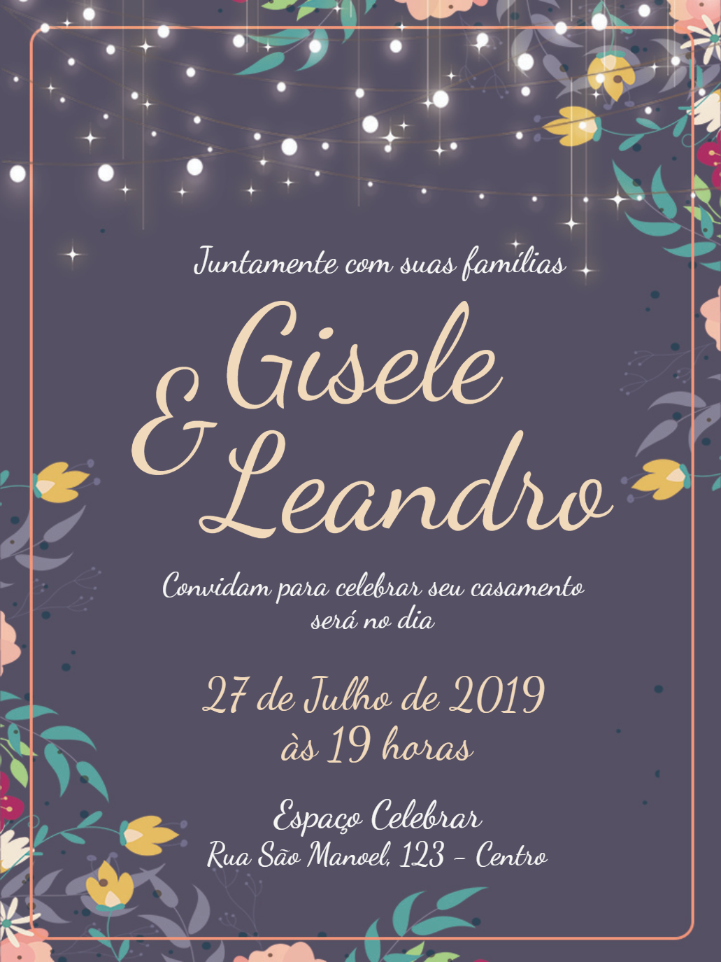 Convite de Casamento Jardim Floral com Luzes para Editar Online