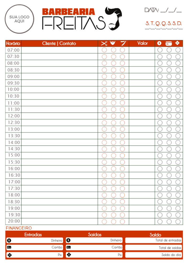 Agenda para Barbearia Profissional para Editar e Imprimir Agenda para Barbearia Profissional para Editar e Imprimir